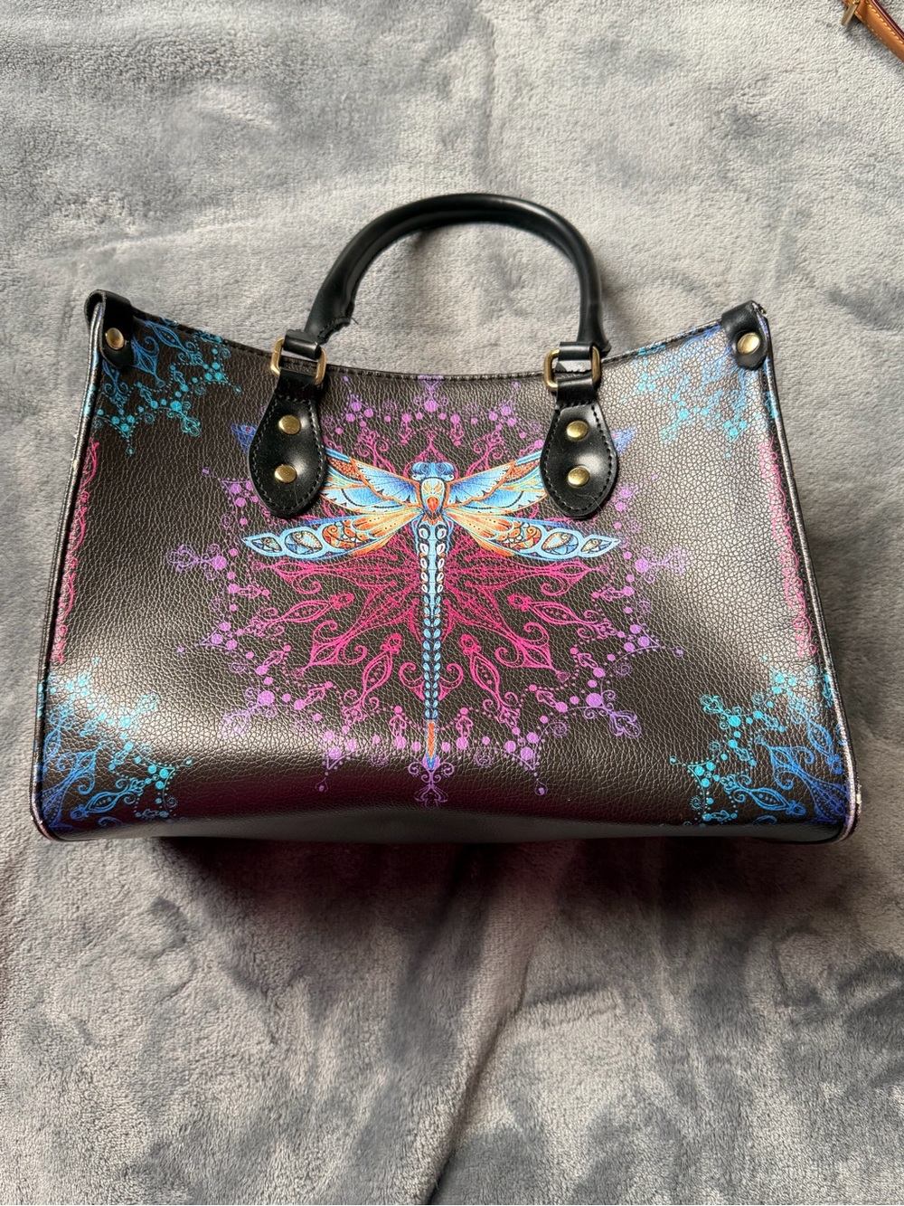 Black Dragonfly-Print Structured Tote Bag